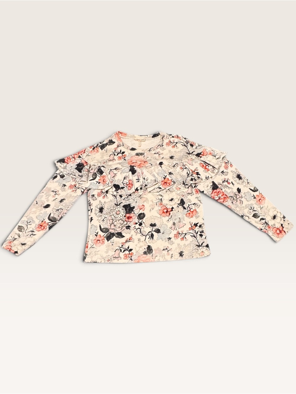 Rebecca Taylor Lua Floral Ruffle Sweatshirt Pink Gray Cream Cotton Fleece XS